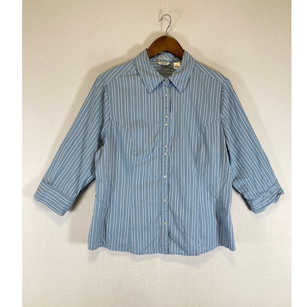 Coastal Preppy Riders by Lee Men XL Blue Striped 3/4 Sleeve Slimming Button Down